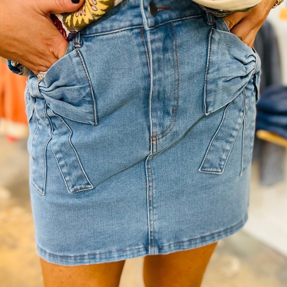 B277 Dusk Blue Acid Washed Bowknot Details High Waist Denim Skirt - Picture 4 of 12